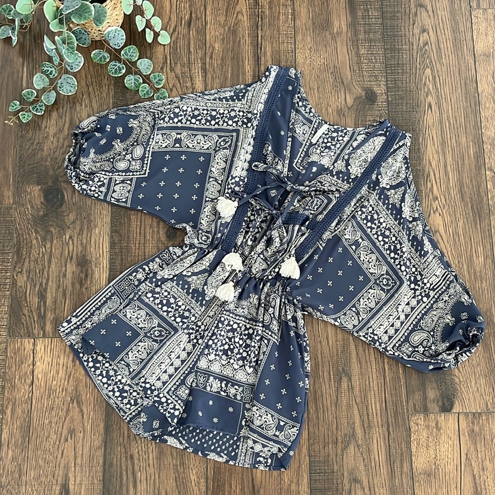 Sage Tie Front Open Arm Bandana Print Romper